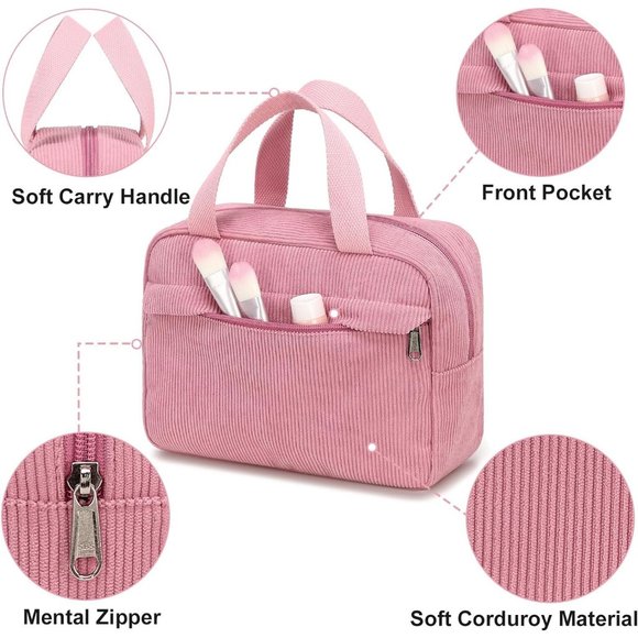 Women Corduroy-Pink Travel Tote Large Zipper Make Up Organizer Bags - Picture 7 of 7